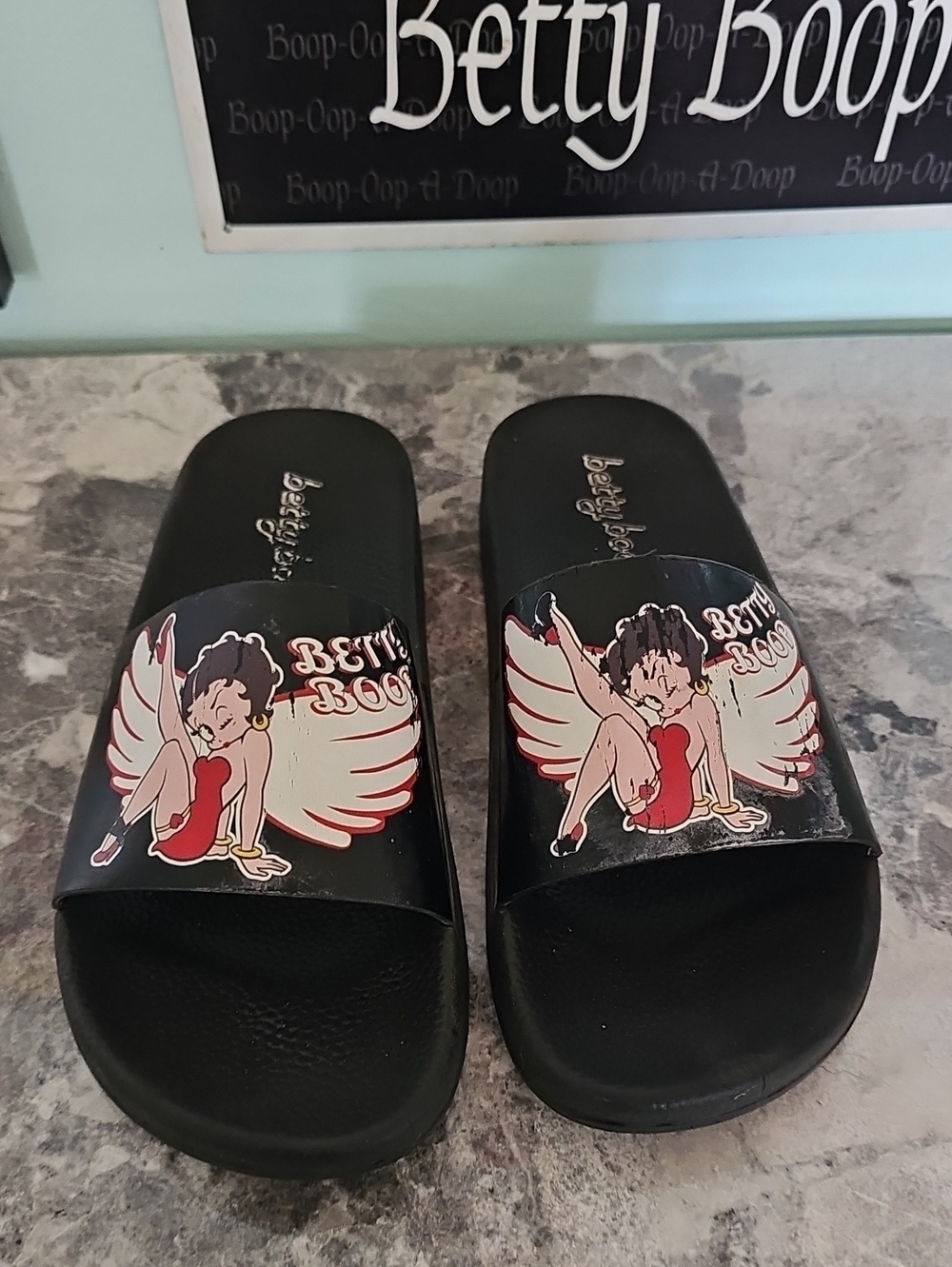 Betty Boop Black Slides with Red and White Graphic